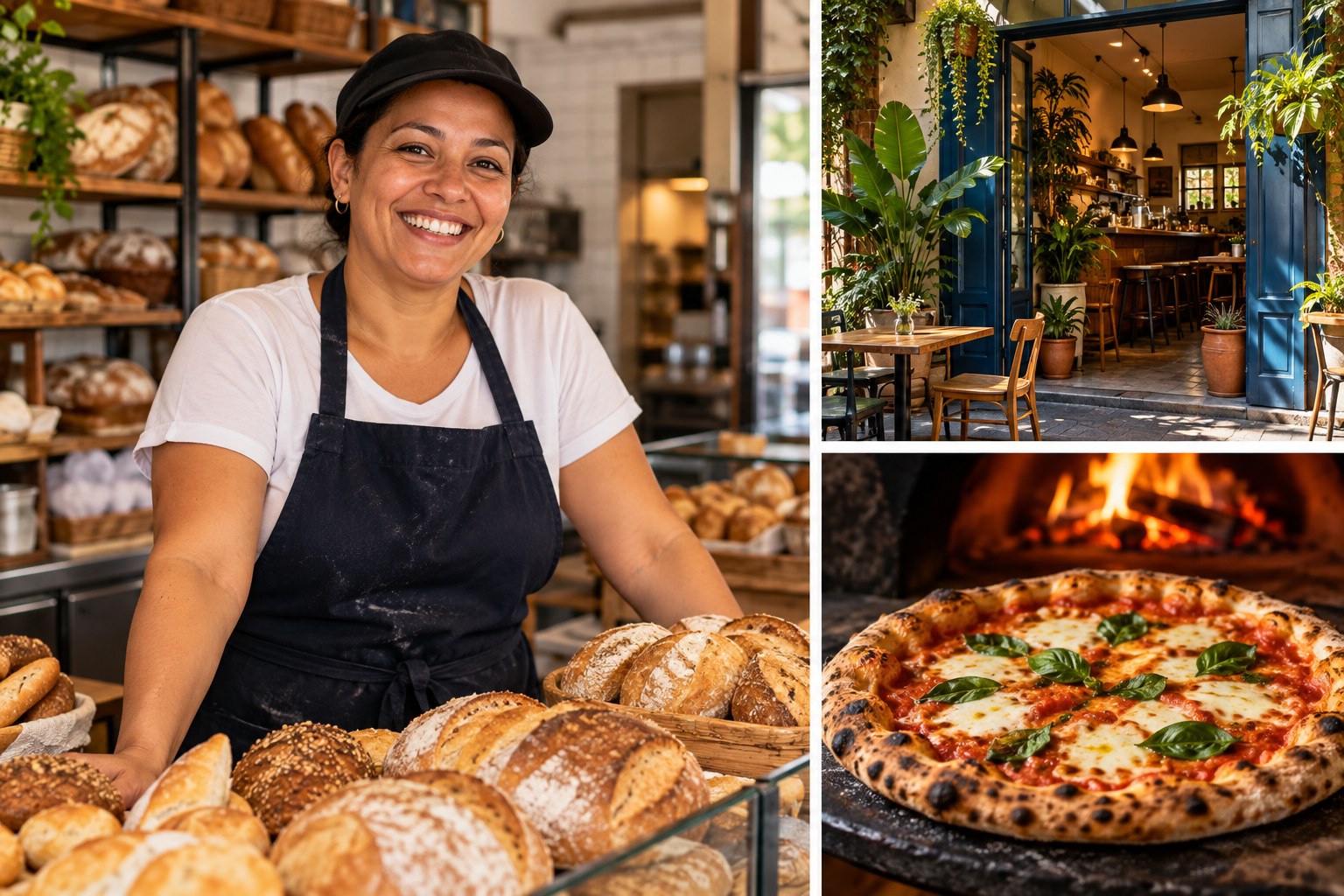Composição ilustrativa de uma comerciante em uma padaria, um café e uma pizza